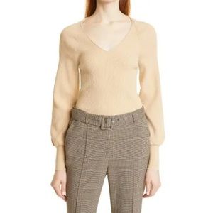 Hugo Boss NWT Faldesta V Neck Balloon Sleeve Ribbed Sweater Size Large